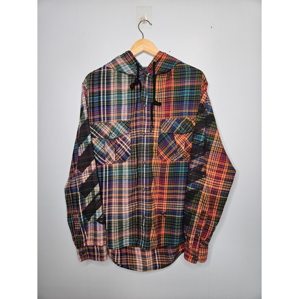 OFF-WHITE Virgil Abloh Flannel Hoodie Jacket XL Plaid Patchwork Stencils Shacket